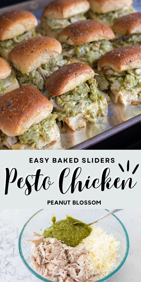 Make Ahead Sandwiches For A Crowd, Oven Baked Pesto Chicken, Lunch For A Crowd Make Ahead, Make Ahead Sliders, Pesto Chicken Sliders, Quick And Easy Party Food, Pesto Sliders, Guy Food, Chicken Pesto Sandwich