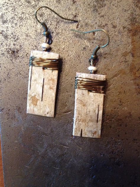 Birch bark earrings w/antique copper wire & white turquoise beads Birch Bark Earrings Diy, Bark Jewelry, Birch Bark Jewelry, Birchbark Earrings, Birch Bark Earrings, Birch Jewelry, Birch Bark Crafts, Birch Craft, Driftwood Jewelry