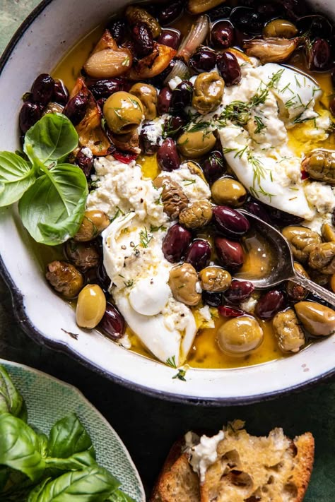 Garlic Herb Roasted Olives with Burrata | halfbakedharvest.com Garlic Herb Roasted Olives With Burrata Cheese, Honey Whipped Feta With Garlic Herb Roasted Olives, Half Baked Harvest Burrata, Half Baked Harvest Mediterranean, Roasted Olives With Whipped Feta, Garlic Herb Roasted Olives With Burrata, Hbh Appetizers, Wine Bar Appetizers, Half Baked Harvest Brie