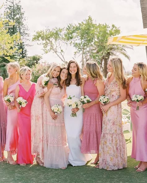 Spring Mismatched Bridesmaid Dresses, Bridesmaid Dresses For Summer, Pink Bridesmaid Dresses Mismatched, Pink Bridal Party, Summer Bridesmaids, Bridesmaids Dress Inspiration, Floral Bridesmaid Dresses, Dresses For Summer, Pink Bridesmaid Dress