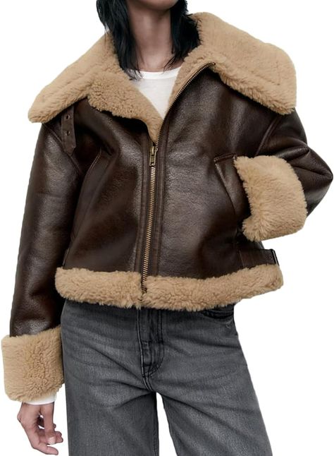 LY VAREY LIN Women Faux Leather Jacket with Faux Fur Lining Warm Winter Biker Coat, Z051brown, Small : Amazon.ca: Clothing, Shoes & Accessories Faux Leather Jacket Women, Biker Coat, Fur Leather Jacket, Coat Women Fashion, Sheepskin Coat, Women Overcoat, Faux Leather Jacket, Streetwear Women, Shearling Jacket