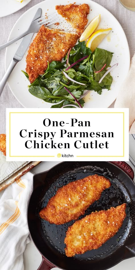 One-Pan Crispy Parmesan Chicken Cutlets Recipe | Kitchn Crispy Parmesan Chicken Cutlets, Parmesan Crusted Chicken Cutlets, Pan Fried Chicken Cutlets Recipe, Recipe For Chicken Cutlets, Italian Chicken Cutlet Recipes, Fried Chicken Parmesan Recipe, Italian Chicken Cutlets, Crispy Chicken Parmesan, Crispy Parmesan Chicken