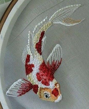 Koi Fish Bead Pattern, Koi Embroidery Patterns, Embroidered Fish Patterns, Embroidered Koi Fish, Beaded Koi Fish, Koi Fish Embroidery Pattern, Fish Bead Pattern, Beading Textiles, Sequins Embroidery Pattern Design