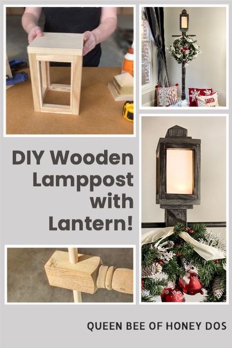 Diy Christmas Lantern Post, Diy Wooden Lanterns Rustic, Wood Christmas Lantern, Lamp Post Diy How To Make, Wooden Christmas Lanterns Diy, Diy Lamp Post Christmas, Diy Christmas Light Post, Christmas Lamp Post Diy, Christmas Lantern Ideas Diy