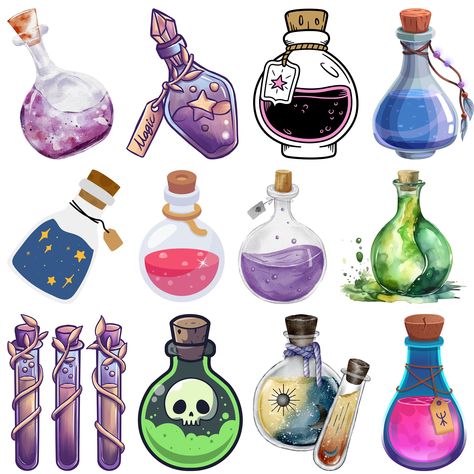 Unique Glass Bottles, Holding Potion Bottle Reference, Potion Bottle Crafts, Potion Making Station, Halloween Potion Bottles Drawing, Potion Bottles Aesthetic, Poison Bottle Drawing, Potions Illustration, Potion Bottle Illustration