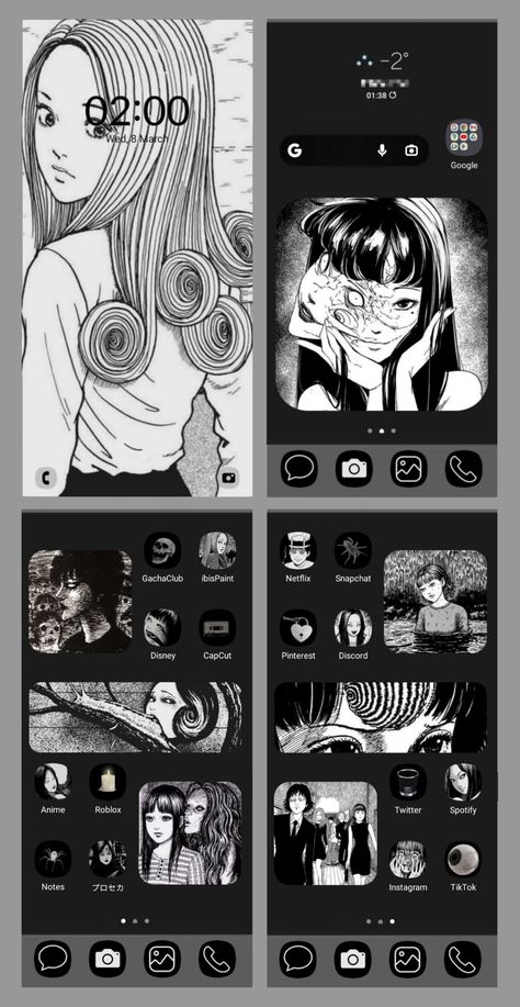 Cute Wallpapers Love Aesthetic, Horror Iphone Layout, Junji Ito Phone Theme, Junji Ito Homescreen, Anime Iphone Theme, Junji Ito Lockscreen, Phone Themes Anime, Dark Phone Theme, Anime Phone Theme