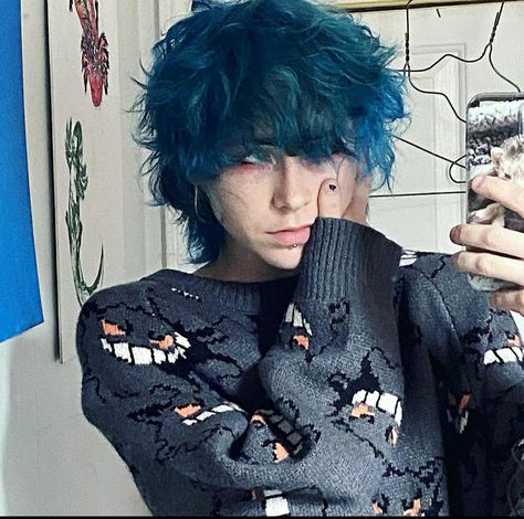 Short Fluffy Blue Hair, Boy Fluffy Haircut, Short Layered Dyed Hair, Blue Hair Ideas Short, People With Blue Hair, Blue Fluffy Hair, Blue Hair Men, Alt Short Hair, Transboy Hair