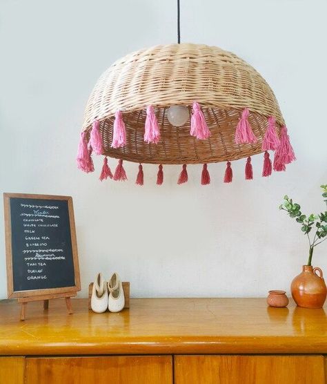 Rattan Pendant Lighting, Pink Pendant Light, Basket Lamp, Hanging Lamps Bedroom, Wicker Lamp Shade, Flower Backdrop Wedding, Wicker Pendant Light, Basket Weaving Diy, Colourful Living Room Decor