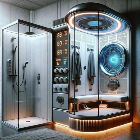 Sci Fi Bathroom, Spaceship Bathroom, High Tech Bathroom, Cyberpunk Bathroom, Futuristic Rooms, Futuristic Bathroom, Scifi Interior, Future Technology Concept, Staircase Interior Design