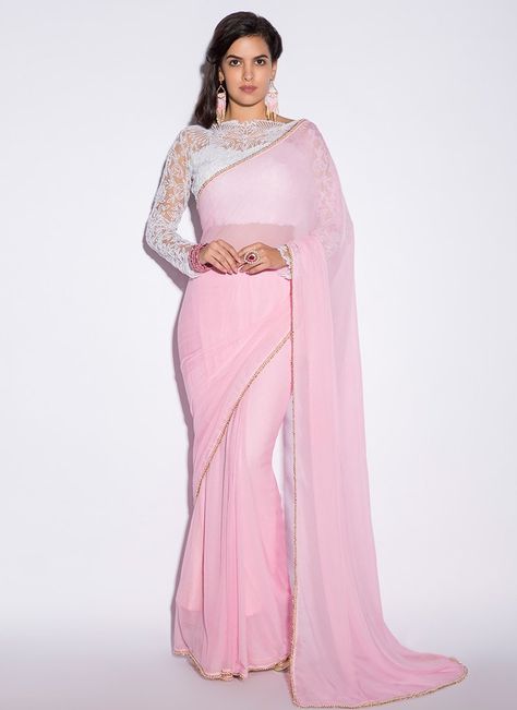 White and Pink Embroidered Saree White Net Blouse Designs For Saree, Blouse Disgen Latest, Pink Saree With White Blouse, White Net Blouse Designs, White Net Blouse, Sarees For Bride, Plane Saree, Farewell Saree, Pink Sarees