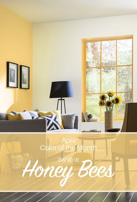 Sherwin-Williams' April Color of the Month: Honey Bees SW 9018 Yellow Accent Walls, Living Colors, Yellow Living Room, Living Room Color Schemes, Room Paint Colors, Room Color Schemes, Living Room Remodel, Paint Colors For Living Room, Honey Bees