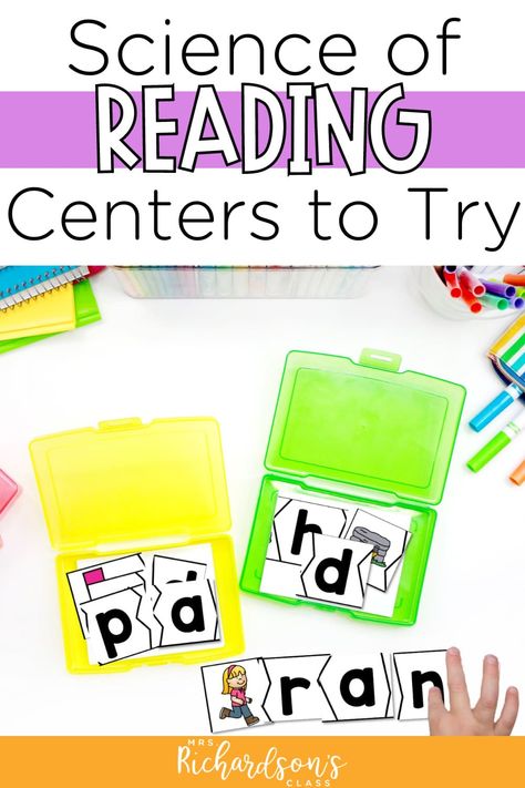 Looking to make your literacy centers even better? Let's get your literacy centers to align with the science of reading! With science of reading centers, you can help students build strong decoding skills, reading skills, and writing skills. I'm sharing ten science of reading centers activities that your students are sure to love. These science of reading centers are perfect for kindergarten, first grade, and 2nd grade. Check them out today! Sor Centers 2nd Grade, Science Of Reading First Grade Activities, Independent Reading Centers Kindergarten, Sor Kindergarten Centers, Science Of Reading Centers First Grade, Hmh Into Reading First Grade, Small Group Reading Activities 1st Grade, Science Of Reading Kindergarten Centers, Science Of Reading Activities