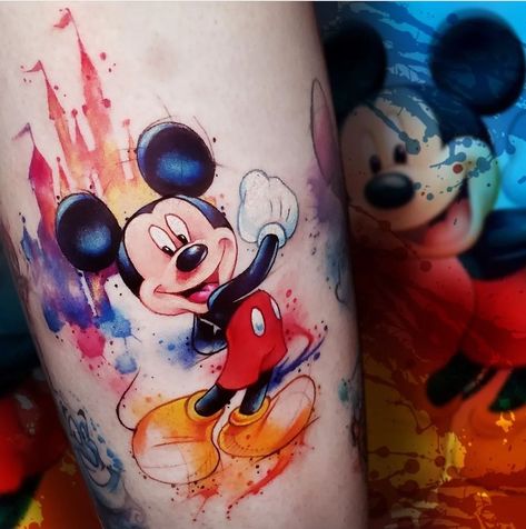 Mickey Mouse Watercolor, Mouse Watercolor, Mickey Tattoo, Colored Tattoo, Tiger Tattoo Sleeve, Tattoo Symbols, Watercolor Tattoo Flower, Cartoon Character Tattoos, Watercolor Tattoos