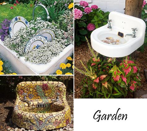 Sinks in the garden Patio Layout Design, Outside Planters, Diy Gutters, Old Bathtub, Gutter Garden, Garden Sink, Recycled Garden Art, Patio Layout, Old Sink