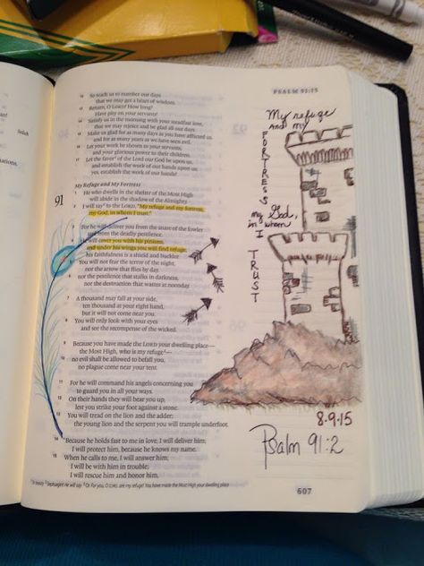 Sew Crafty Angel: Bible Art Journaling Psalms 91 March Journaling, Messy Bible, Bible Scrapbook, Scripture Affirmations, Psalm 91 2, Faith Art Journaling, Psalms 91, Bible Drawing, Shadow Of The Almighty