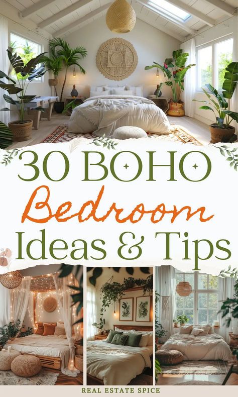 Get inspired and transform your bedroom into a bohemian paradise with my 30 boho bedroom ideas and styling tips! With my boho bedroom decor guide, dive into a world of vibrant colors, cozy textures, and imaginative decor that speaks to your free-spirited heart. Get ready to create a cozy retreat that's uniquely you! RealEstateSpice.com #BohoBedroomIdeas #HomeDecor #InteriorDesign Modern Boho Bedroom Ideas, Eclectic Boho Bedroom, Bohemian Bedroom Decor Ideas, Boho Bedroom Inspirations, Boho Bedroom Decor Ideas, Cozy Boho Bedroom, Bed Design Ideas, Bohemian Diy, Boho Bedrooms