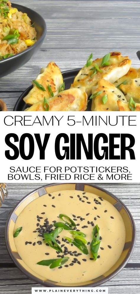 You’ll want to repeat this creamy soy ginger sauce and dip everything in it! It’s easy and addictive, and you can whip it up in 5 minutes! Ginger Sauce Hibachi, Chinese Sauce Recipe, Potsticker Dipping Sauce, Ginger Sauce Recipe, Hibachi Sauce, Soy Ginger Sauce, Soy Ginger, Recipes With Soy Sauce, Sauteed Cabbage