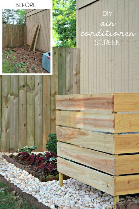 Using just some cedar and some handy outdoor glue, I created an easy DIY screen to hide my air conditioning unit on the side of the house Outdoor Ac Unit, Air Conditioner Screen, Air Conditioner Hide, Diy Air Conditioner, Diy Curb Appeal, Cheap Landscaping Ideas, Air Conditioner Units, Outdoor Remodel, Easy Landscaping