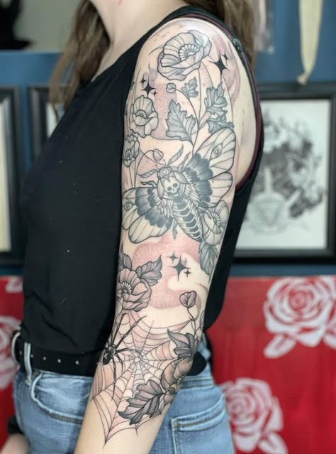 Goth Floral Sleeve Tattoo, Apothecary Tattoo Sleeve, Spooky Cottagecore Tattoo, Gothic Half Sleeve Tattoo, Witchy Patchwork Tattoo, Spooky Flower Tattoo, Spooky Tattoo Sleeve, Spooky Floral Tattoo, Spooky Sleeve Tattoo