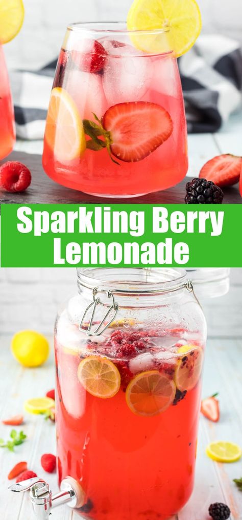 Sparkling Berry Lemonade - Use some of those fresh summer berries to make a sweet, tart, and refreshing lemonade! Plus add use sparkling water to make it fizzy! Berry Lemonade Punch, Berry Lemonade, Blueberry Juice, Blueberry Lemonade, Blueberry Crumble, Delicious Drink Recipes, Kid Drinks, Party Punch, Sweet Tart