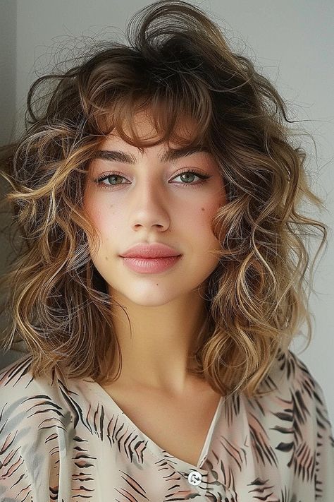 25 Curly Shaggy Hair Ideas That Will Make You Want to Chop Your Locks Today! Light Bangs Wispy Wavy Hair, Shaggy Curly Haircut, Layered Haircuts For Medium Hair Wavy Naturally Curly, Shaggy Wavy Hair Mid Length, Medium Curly Shag, Naturally Curly Shag Haircut, Shaggy Wavy Hair, Curly Shaggy Hair, Short Curly Shag