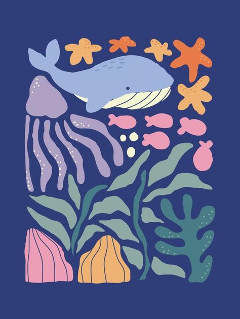 Matisse art background vector. Abstract natural hand drawn pattern design with sea, ocean, whale, coral. Simple contemporary style illustrated Design for fabric, print, cover, banner, wallpaper., wallpaper, #Sponsored, #banner, #art, #Ad Simple Sea Creature Drawings, Cartoon Coral, Banner Wallpaper, Ocean Whale, Banner Art, Ocean Illustration, Whale Illustration, Pattern Design Inspiration, Coral Pattern