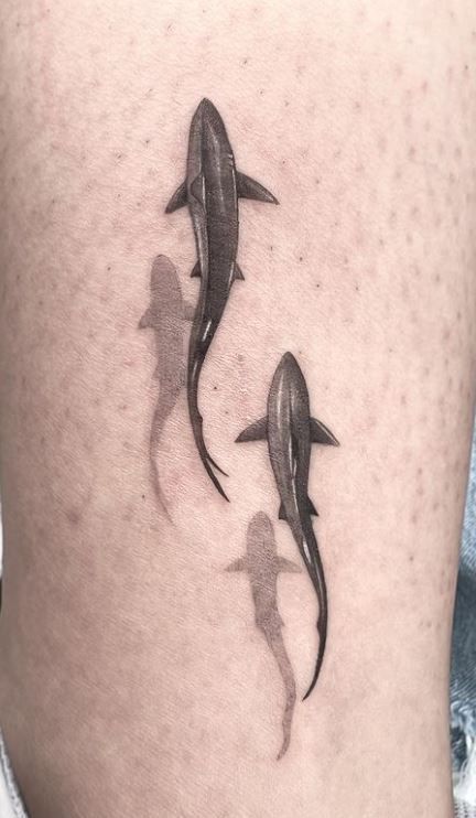 Shark Jaws Tattoo, Small Shark Tattoo, Ocean Theme Tattoos, Shark Tattoo Ideas, Whale Shark Tattoo, Hai Tattoo, Tattoo Homme, Marine Tattoo, Swimming Tattoo