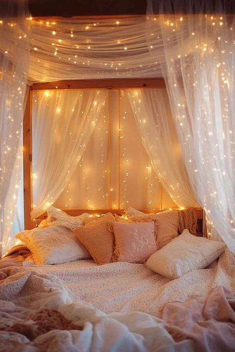 "Create a dreamy retreat with a canopy or four-poster bed! 🛏️✨ Perfect for adding a touch of elegance and romance to your bedroom. 🌟✨ #CanopyBed #FourPosterBed #BedroomDesign" Canopy Bed Fall Decor, Canopy Bed With Lights Romantic, Twin Size Canopy Bed Ideas, Canopy Small Bedroom, How To Make Canopy Over Bed, Diy Canopy Bed For Adults Romantic Bedroom Ideas, Girls Canopy Bed Ideas, Ceiling Canopy Bedroom, Canopy Above Bed