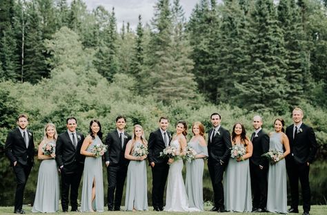 Show me your mumu silver sage crisp Silver Sage Bridesmaid Dresses With Groomsmen, Sage And Black Bridal Party, Black And Sage Suit, Sage Green And Black Groomsmen Attire, What Color Suit Goes With Sage Green Dress, Sage Green Wedding Accent Color, Sage Green And Black Bridal Party, Sage Bridal Party Groomsmen, Black Tux With Sage Green