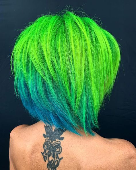 60+ Stylish Stacked Bob Haircuts To Rock In 2024 Split Hair Dye Ideas Short, Vivid Short Hair, Short Hair Color Ideas Unique, Neon Hair Color, Stacked Bob Haircuts, Vivid Hair, Vivid Hair Color, Stacked Bob, Bold Hair Color