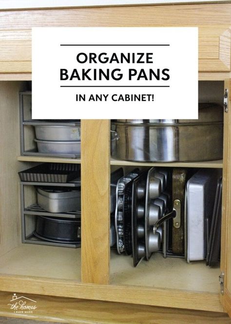 Easily Organize Your Baking Pans (In Any Cabinet!) - The Homes I Have Made Baking Pans Storage, Baking Pans Organization, Dollar Store Organization Hacks, Baking Cabinet, Baking Organization, Baking Cupboard, Cabinet Organization Ideas, Dollar Store Organization, Maximize Kitchen Space