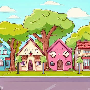 a neighborhood with a sidewalk cute happy houses and big trees between the sidewalk and the street that look happy cartoon style - Image Creator from Microsoft Bing House With Trees, Cartoon Ideas, Big Trees, Cartoon House, Happy Cartoon, Happy House, Big Tree, Cute Happy, Cartoon Style