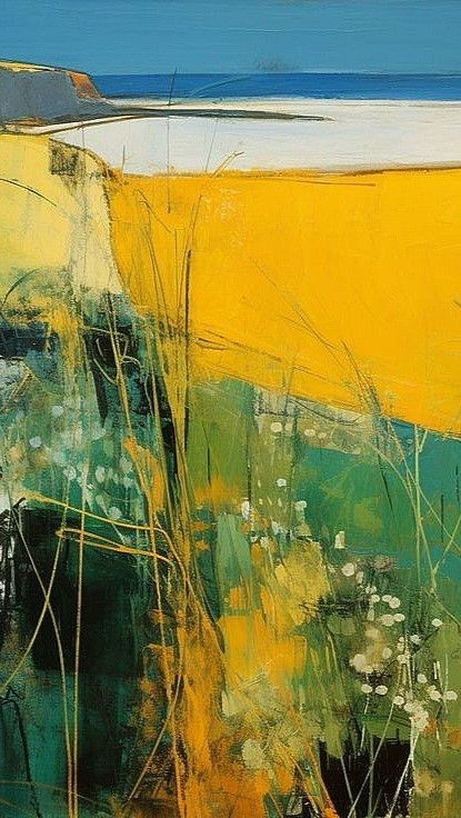 Yellow And Green Painting, Nature Inspired Abstract Art, Abstract Landscape Painting Acrylic Tutorial, Landscape Ideas Painting, Collage Nature, Scottish Flowers, Yellow Artwork, Berwick Upon Tweed, Scottish Painting