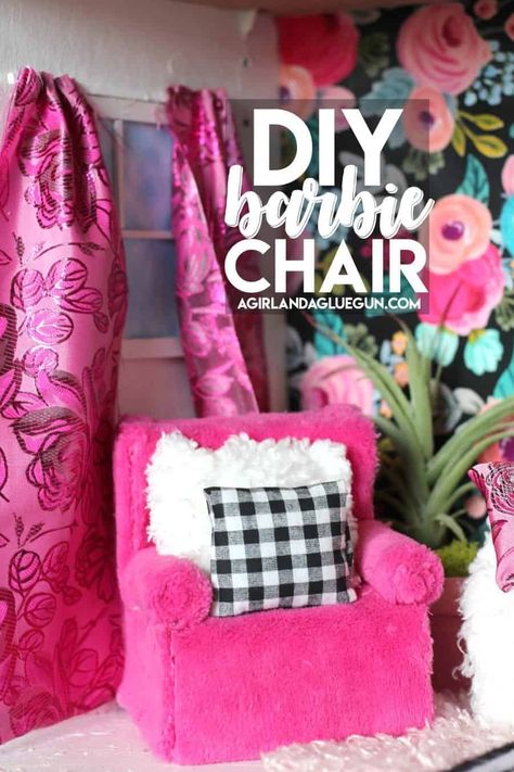 Barbie Couch and chair DIY! - A girl and a glue gun Barbie Couch, Cheap Bookcase, Barbie Organization, Diy Lounge, Barbie Crafts, Barbie House Furniture, Chair Diy, Fluffy Fabric, Expressions Vinyl