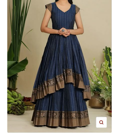 Pleated Frock Design, Checks Saree Dress Gowns, Check Fabric Dress Design, Saree Cloth Frock Design, Ikkat Anarkali Kurta Designs, Long Gown From Saree, Dress Materials Designs Latest Stitching, Dress Ideas With Saree, Pattu Saree Long Frocks Designs Latest