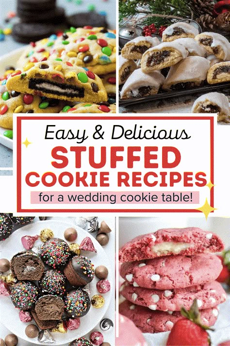 easy stuffed cookies for wedding cookie table Easy Stuffed Cookies, Candy Filled Cookies, Rolo Stuffed Cookies, Garibaldi Cookies, Best Stuffed Cookie Recipes, Cookie Filling Ideas, Creative Cookies Recipes, Stuffed Gourmet Cookies, Stuffed Christmas Cookies