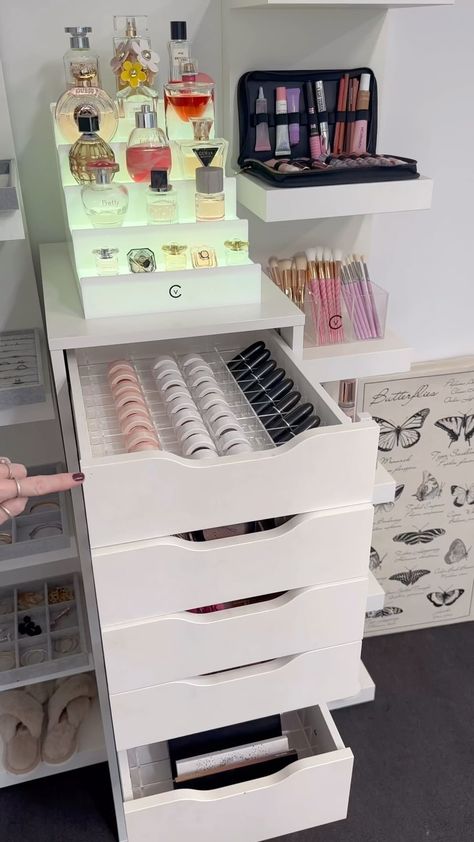 VANITY COLLECTIONS | Doing the viral ikea vanity table Create the look From IKEA ⬇️ 2 x Ikea Alex 5 drawer units 1 x Komplement glass shelf ( 75cm x 58cm ) 1 x... | Instagram Ekby Alex Hack Makeup Vanities, Ikea Vanity Table, Ikea Makeup Storage, Vanity Collections, Ikea Makeup, Alex Drawers, Pull Out Shelf, Ikea Vanity, Perfume Stand