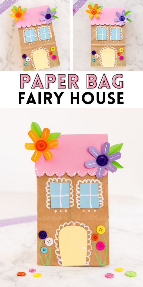 Using simple art supplies like paper, buttons, and markers you can create a captivating world of magic and imagination with this Paper Bag Fairy House! Crafts Construction Paper, Fairy House Crafts For Kids, Kids Craft Box Ideas, Library Crafts For Preschoolers, Cute Arts And Crafts For Kids, Paper Bag Kite Craft, Crafts For Toddlers Spring, Paper Bag Activities For Kids, Kindergarten Classroom Crafts