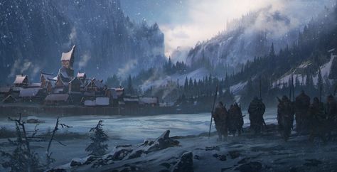 ArtStation - Northen landscape, Sergey Vasnev Box Illustration, Games Design, Nordland, Location Inspiration, 다크 판타지, Mountain Village, Fantasy City, Fantasy Setting, Fantasy Places