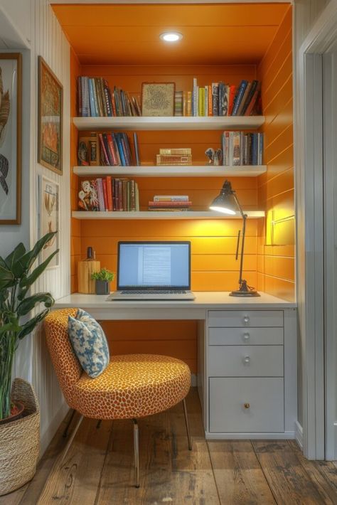 Hidden Niche Office Tiny Corner Office, Small Office Closet Ideas, Micro Office Ideas Small Spaces, Small Home Office Built Ins With Desk, Small Basement Office Ideas No Windows, Study Nook Hallway, Micro Office Ideas, Nook Desk Ideas, Mini Office Ideas Workspaces