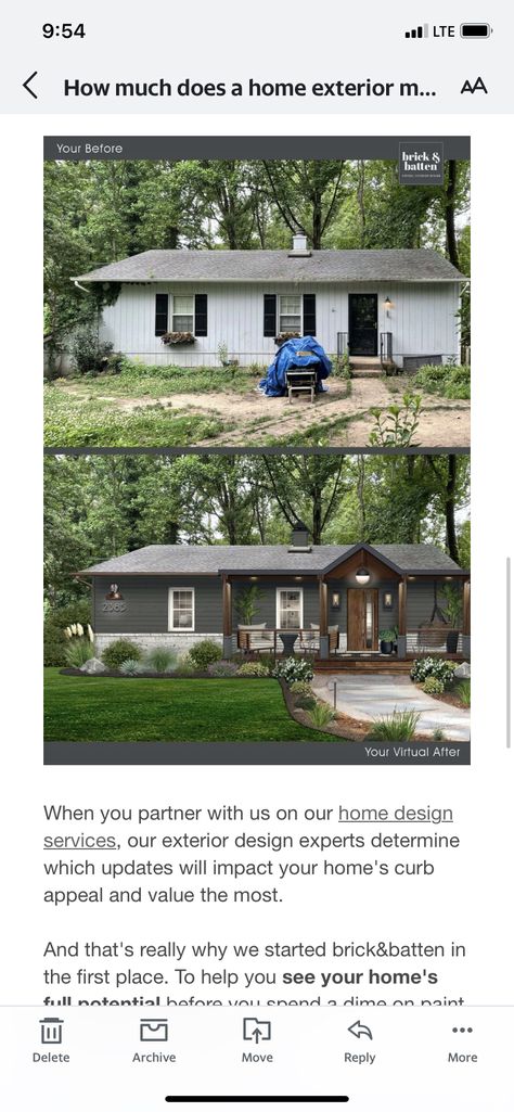 House Siding Ranch Style, Updating 1950s House Exterior, Vinyl Ranch House Exterior, Plain Front House Makeover, Change Roofline Before And After, Small Home Remodel Exterior, 1970s Exterior Update, 80s Ranch Exterior Remodel, Small Ranch Exterior Makeover