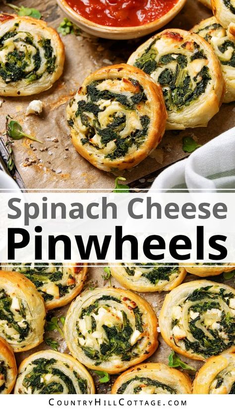 Spinach pinwheels are easy to make with frozen spinach, refrigerated puff pastry, and mozzarella cheese. This delicious finger food is the perfect vegetarian appetizer or starter for any party, celebration, or holiday. It’s also a fun treat to bring to a potluck or gathering because the pinwheels travel well and can be reheated in a microwave. And with just 10 minutes of prep + a short bake time, this easy spinach puff pastry appetizer could not be simpler to make! | CountryHillCottage.com Spinach And Feta Pinwheels Puff Pastries, Vegetarian Pinwheels Puff Pastries, What To Bring To A Brunch Party, Spinach And Cheese Roll Ups, Spinach Dip Roll Ups, Phyllo Spinach Appetizers, Spinach Cups Puff Pastry, Easy Vegetarian Starters, Spinach Feta Pinwheels Puff Pastries