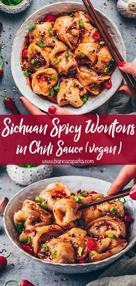 Sichuan Wontons, Spicy Wontons, Vegetarian Dumpling, Vegetarian Asian, Recipes Chinese, Vegan Dumplings, Vegan Chinese, Vegan Asian Recipes, Wonton Recipes