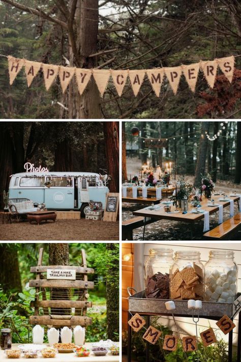 Camping Reception Wedding, Camping Wedding Decorations, Camping Theme Engagement Party, Summer Camp Wedding Favors, Campfire Bridal Shower Theme, Camp Engagement Party, Camp Themed Engagement Party, Outdoor Camping Wedding Ideas, Campfire Engagement Party