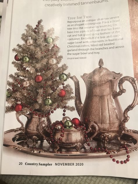 Christmas Tea Set Display, Silver Plate Christmas Decor, Tarnished Silver Decor, Vintage Silver Christmas Decor, Silver Tray Christmas Decor, Silver Platter Decor Ideas, Decorating With Silver Pieces, Christmas Vignettes Display, Victorian Christmas Decorations