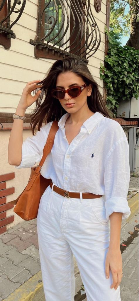 Linen Polo Shirt Women Outfit, White Polo Shirt Outfit Women's, White Polo Outfit Women, White Polo Outfit, White Polo Shirt Outfit, Polo Outfits For Women, Polo Shirt Outfit Women's, Button Down Outfit, Denim Shirt Outfit