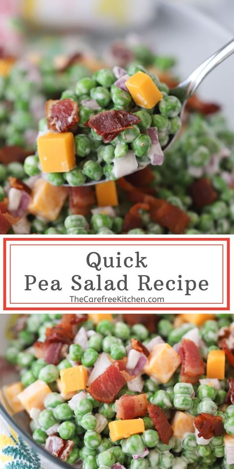 This simple Pea Salad with Bacon is a classic potluck side dish that never goes out of style. It’s a cold creamy salad full of sweet green peas, big chunks of cheddar cheese, crispy bacon bits, diced onion, and ranch dressing. It's a quick and easy side salad recipe. Sweet Pea Salad Recipes, Cold Pea Salad, Salad Potluck, Pea Salad With Bacon, Green Pea Salad, Salad Recipes With Bacon, Creamy Salad, Potluck Salad, Pea Salad Recipes