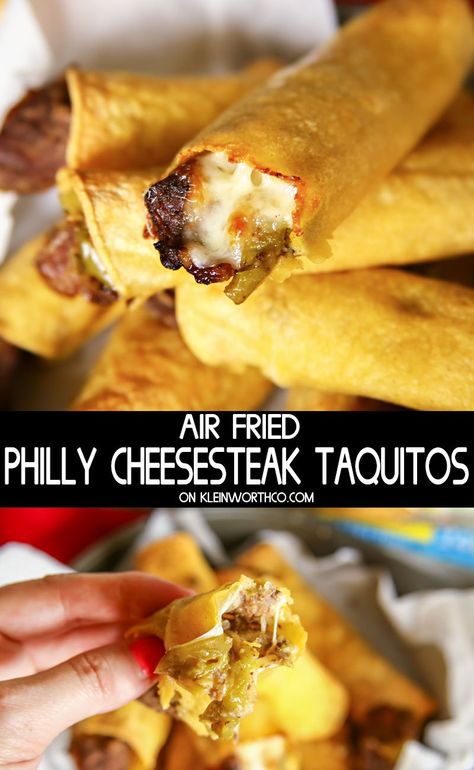 Air Fried Taquitos, Slow Cooker Cheesesteak, Taquitos Recipe, Healthy Superbowl Snacks, Air Fryer Oven Recipes, Air Fry Recipes, Meat Appetizers, Philly Cheesesteak, Air Fryer Dinner Recipes