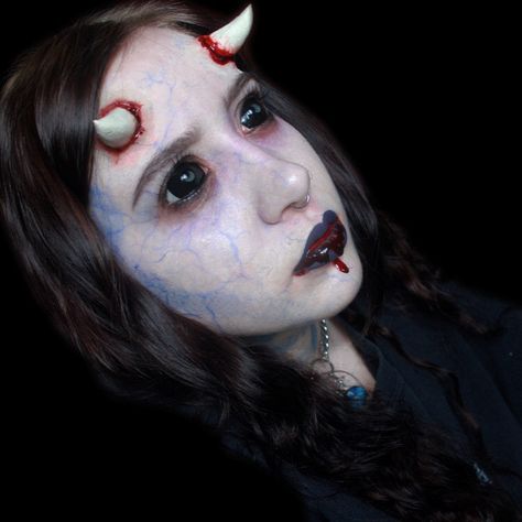 Demon makeup with prosthetic horns. Horn Prosthetic Makeup, Horn Prosthetic, Demon Makeup, Halloween Shoot, Prosthetic Makeup, Liquid Latex, Up Costumes, Clown Makeup, Horror Story