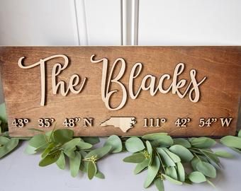 Etsy :: Your place to buy and sell all things handmade Last Name Decor, Coordinates Sign, Decor Engagement, Wooden Carved Signs, Name Decor, Family Wood Signs, Entryway Wall Decor, Wooden Wedding Signs, Wood Name Sign